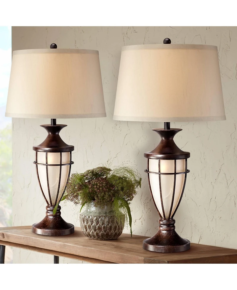 John Timberland Traditional Table Lamps 33" Tall Set of 2 with Nightlight Lantern Brushed Iron Cage