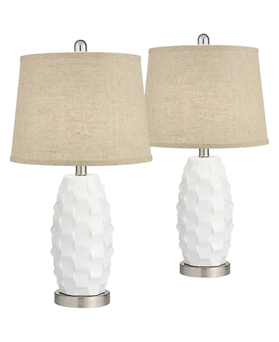 360 Lighting Modern Coastal Table Lamps 24 1/2" High Set of 2 Ceramic Led Burlap Drum Shade for Bedroom Living Room House Bedside Nightstand