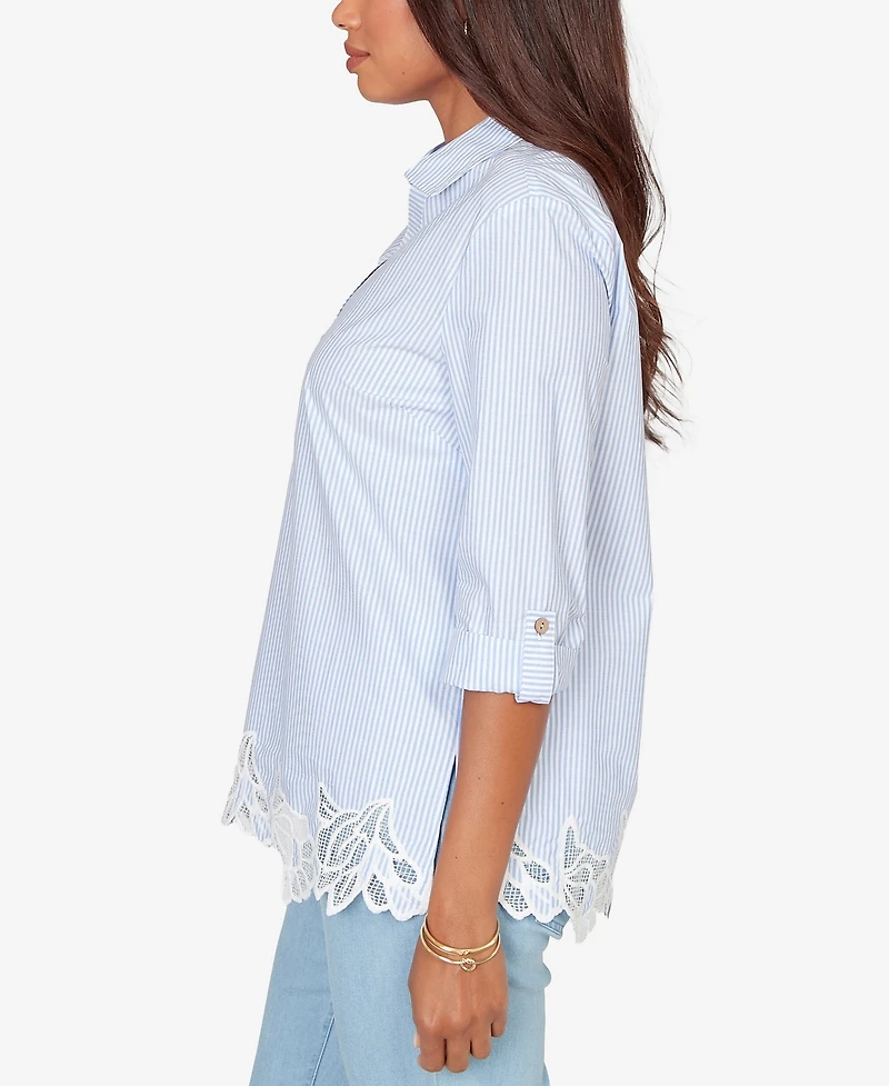 Ruby Rd. Petite Coastal Stripe Lace-Hem Henley Top