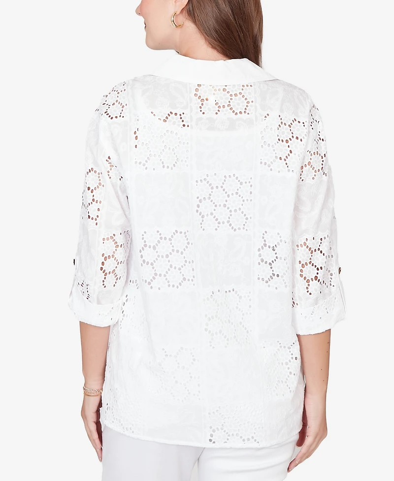 Ruby Rd. Petite Patchwork Eyelet Roll-Tab-Sleeve Top