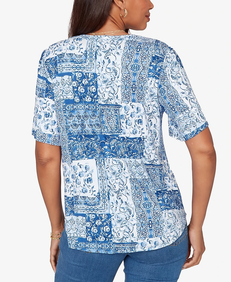 Ruby Rd. Petite Patchwork Bandana Henley T-Shirt