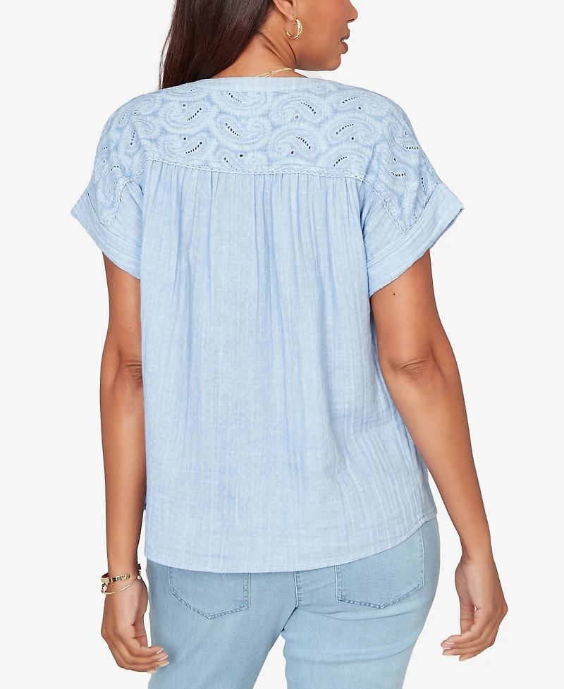 Ruby Rd. Petite Paisley Embroidered Gauze-Button T-Shirt