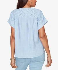 Ruby Rd. Petite Paisley Embroidered Gauze-Button T-Shirt
