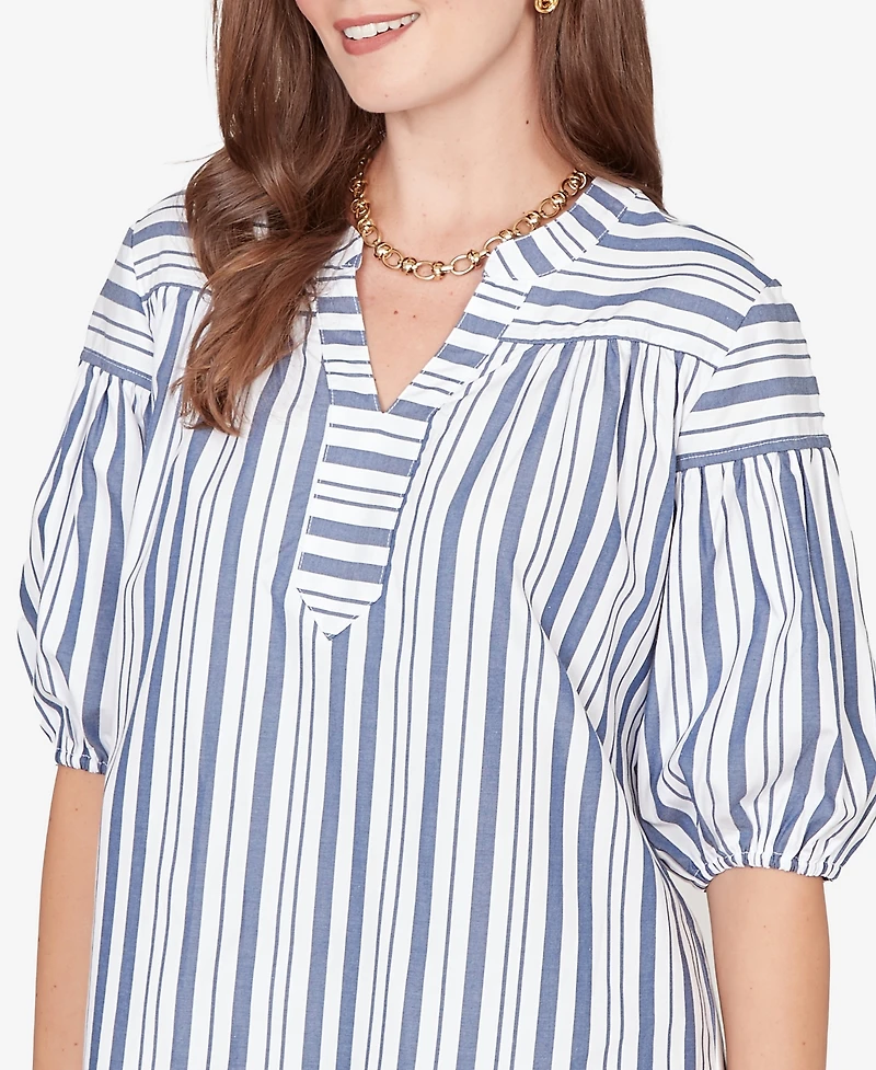 Ruby Rd. Petite Striped Cotton Poplin Elastic-Cuff Top