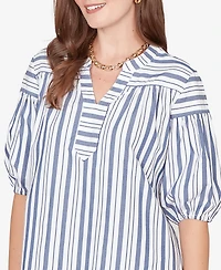 Ruby Rd. Petite Striped Cotton Poplin Elastic-Cuff Top