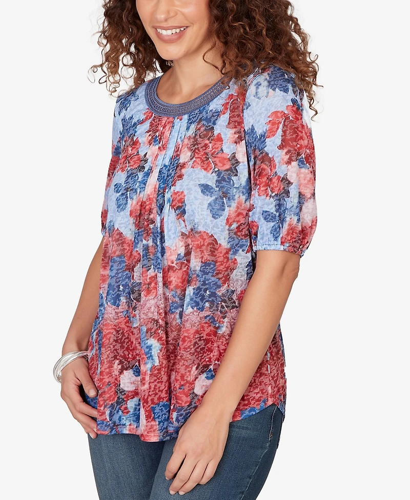 Ruby Rd. Petite Abstract Floral Lace Trim Top