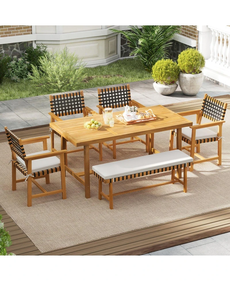 Gouun Set of 2 Woven Rope Acacia Wood Outdoor Dining Chairs with Cushions and Armrests