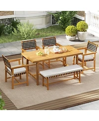 Gouun Set of 2 Woven Rope Acacia Wood Outdoor Dining Chairs with Cushions and Armrests