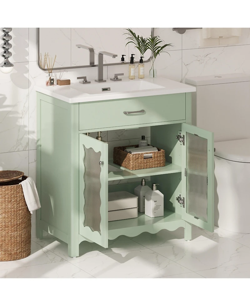 Busdays 30" Bathroom Vanity with Tempered Glass, Modern Cabinet with Rubber Wood Legs and Soft-Close Doors