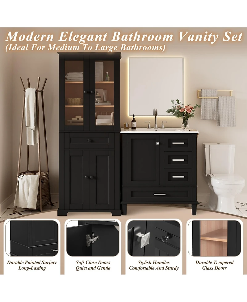 Busdays Bathroom Storage Cabinet and Vanity Sink Combo with Glass Doors, Drawer and Adjustable Shelves