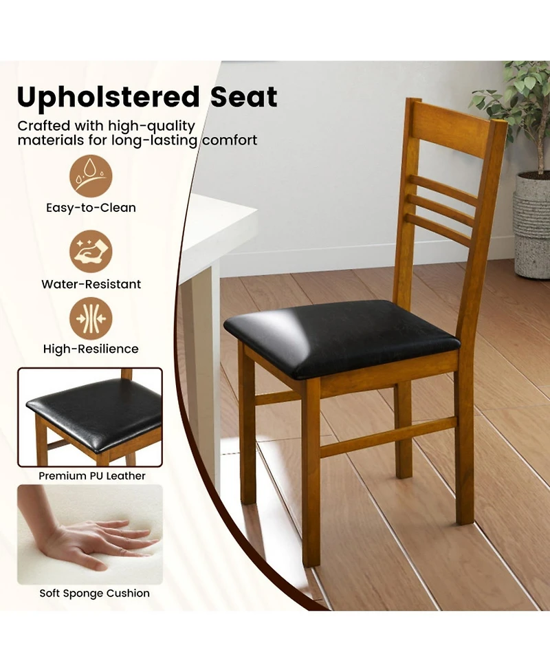 Gouun Set of 2 Slatted-Back Dining Chairs with Pu Leather Cushion and Rubber Wood Frame