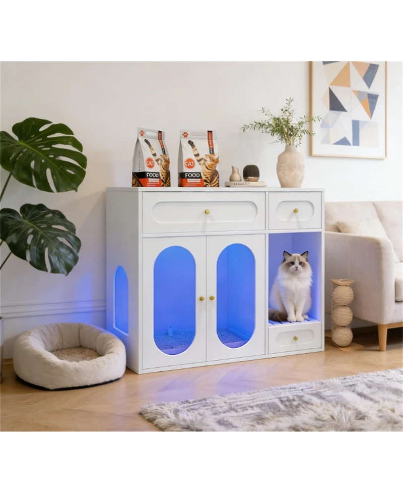 Zeus & Ruta Cat Litter Box Enclosure with Led Light, Storage Drawers and Acrylic Doors