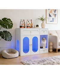 Zeus & Ruta Cat Litter Box Enclosure with Led Light, Storage Drawers and Acrylic Doors