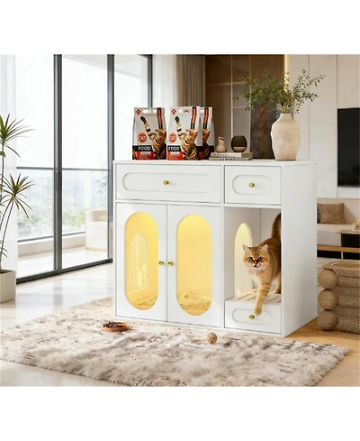 Zeus & Ruta Cat Litter Box Enclosure with Led Light, Storage Drawers and Acrylic Doors