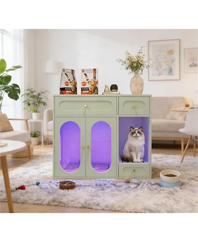 Zeus & Ruta Cat Litter Box Enclosure with Led Light, Storage Drawers and Acrylic Doors