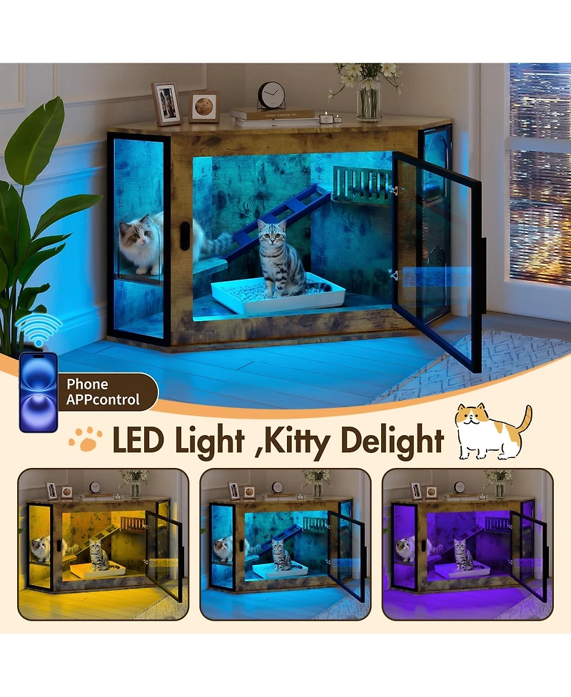 Zeus & Ruta 48 in. Corner Cat Litter Box Enclosure Modern Hidden Cabinet with Acrylic Door Led Light and Playground