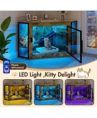 Zeus & Ruta 48 in. Corner Cat Litter Box Enclosure Modern Hidden Cabinet with Acrylic Door Led Light and Playground