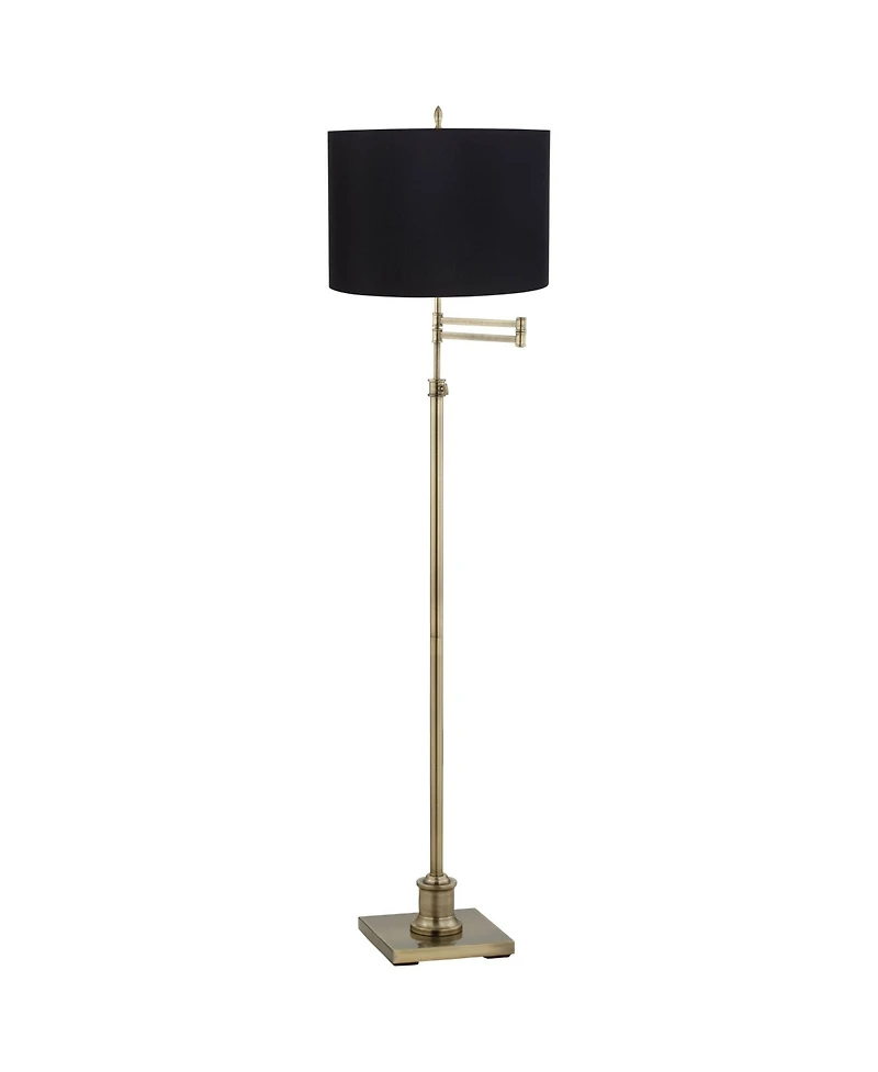 360 Lighting Swing Arm Floor Lamp 70" Tall Antique Brass Fabric Drum Shade for Living Room Reading Bedroom Office