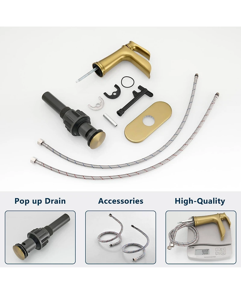 Busdays Nickel Gold Waterfall Bathroom Sink Faucet 1 Hole with Deck Plate, Pop Up Drain and Supply Lines