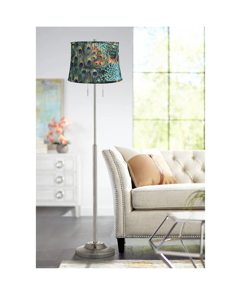 360 Lighting Abba Modern Floor Lamp Standing 66" Tall Brushed Nickel Metal Peacock Print Drum Shade for Living Room Bedroom Office House Home