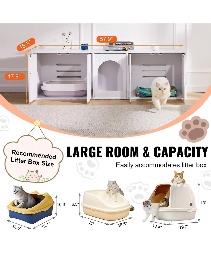 Gouun Hidden Cat Litter Box Enclosure Furniture for 2 Cats with Double Rooms and 5 Doors