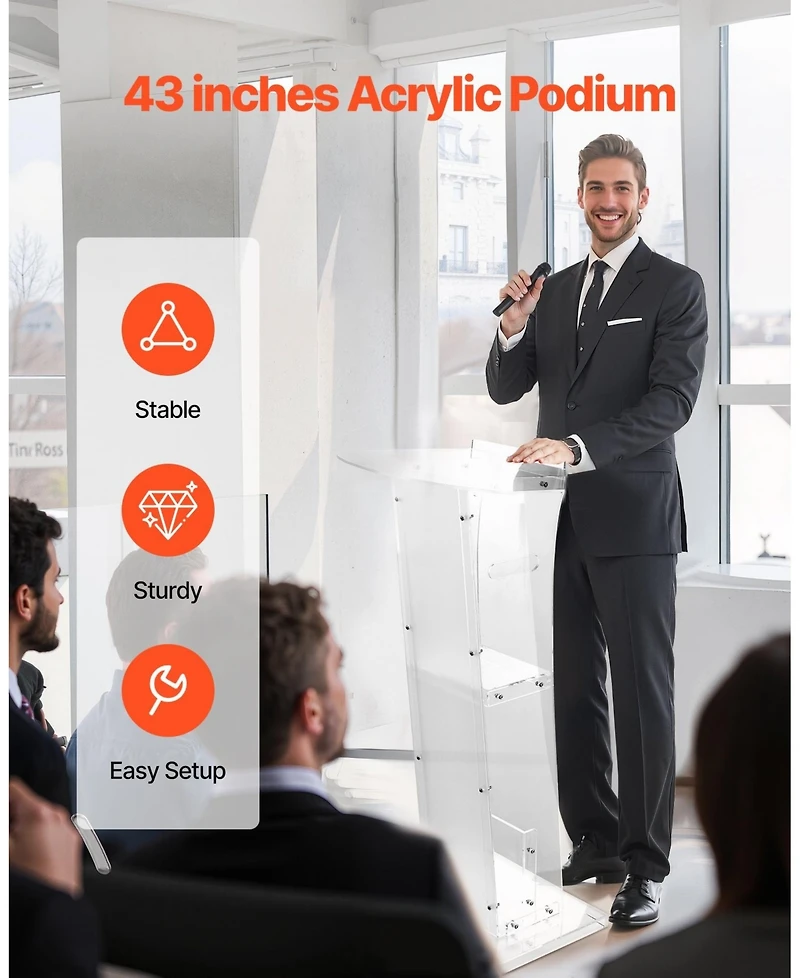 Gouun 43 in Acrylic Podium Stand, Portable Floor-Standing Lectern with Storage Shelf and Wide Reading Surface