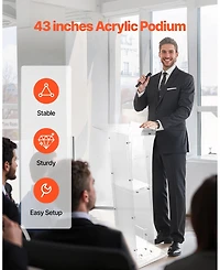 Gouun 43 in Acrylic Podium Stand, Portable Floor-Standing Lectern with Storage Shelf and Wide Reading Surface