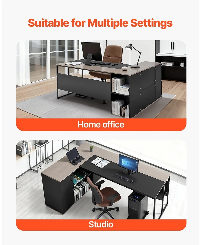 Gouun L-Shaped Executive Desk with Drawers and Storage Cabinet, 71 x 53 in Office Table with Cpu Stand, 350 lbs