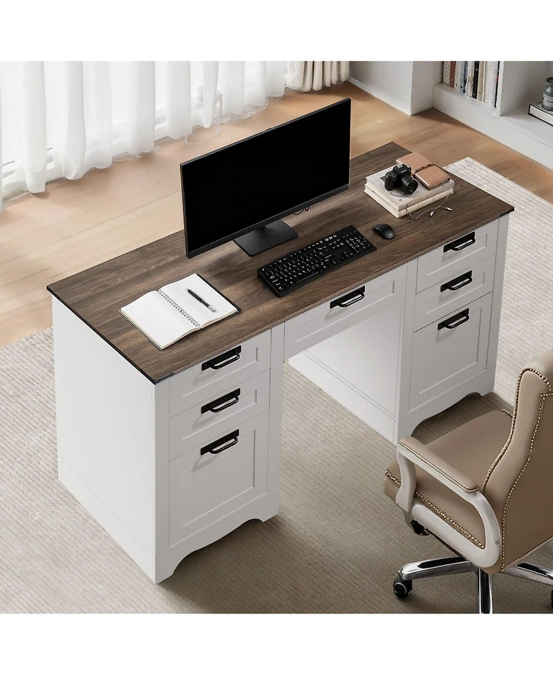 Gouun 60 in Farmhouse Executive Desk with Charging Station, Office Table with Storage Drawers and Keyboard Tray, Walnut