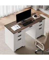 Gouun 60 in Farmhouse Executive Desk with Charging Station, Office Table with Storage Drawers and Keyboard Tray, Walnut