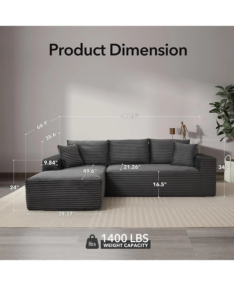 Gaomon Cloud Sectional Couch with L-Shape Chaise- Modern Plush Corduroy Sofa for Living Room