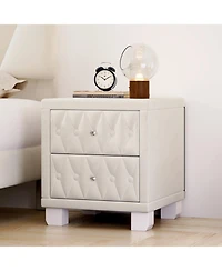 Flynama Elegant Velvet Nightstand with 2 Drawers Beige Crystal Handle Button Tufted Bedroom Storage Table
