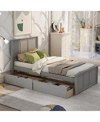 flynama Twin Size Platform Storage Bed with Two Drawers on Wheels Space Saving Design for Bedroom