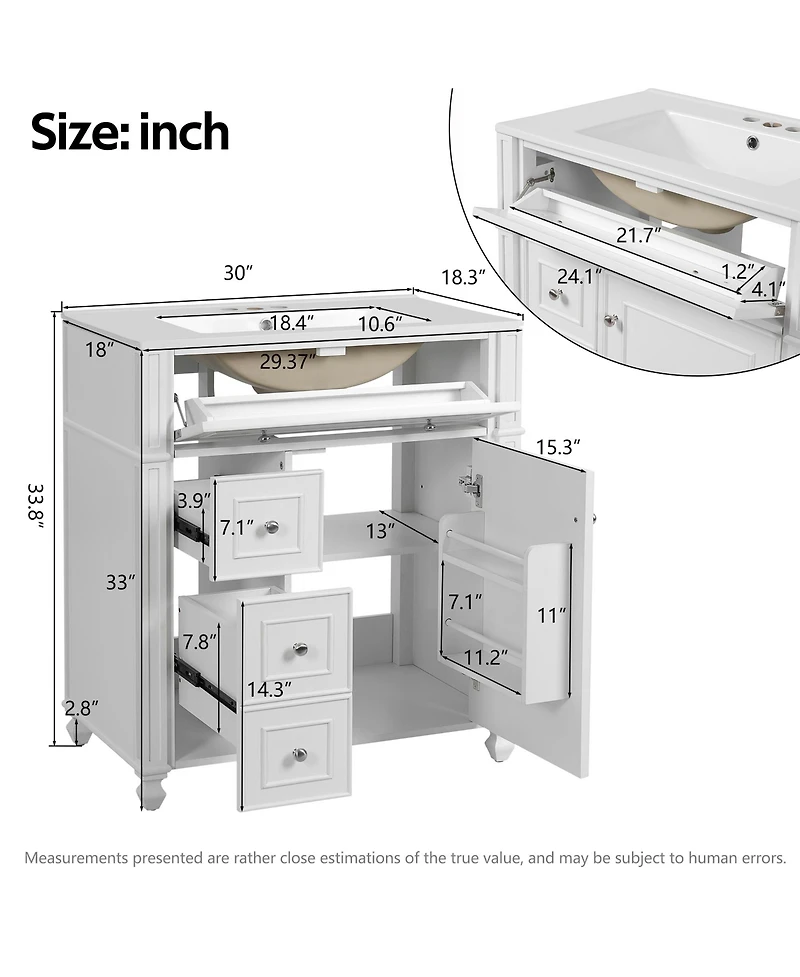 Busdays Bathroom Vanity Cabinet with Ceramic Sink Basin, 30 Inch, Storage Cabinet with Soft Close Doors and Door Organizer