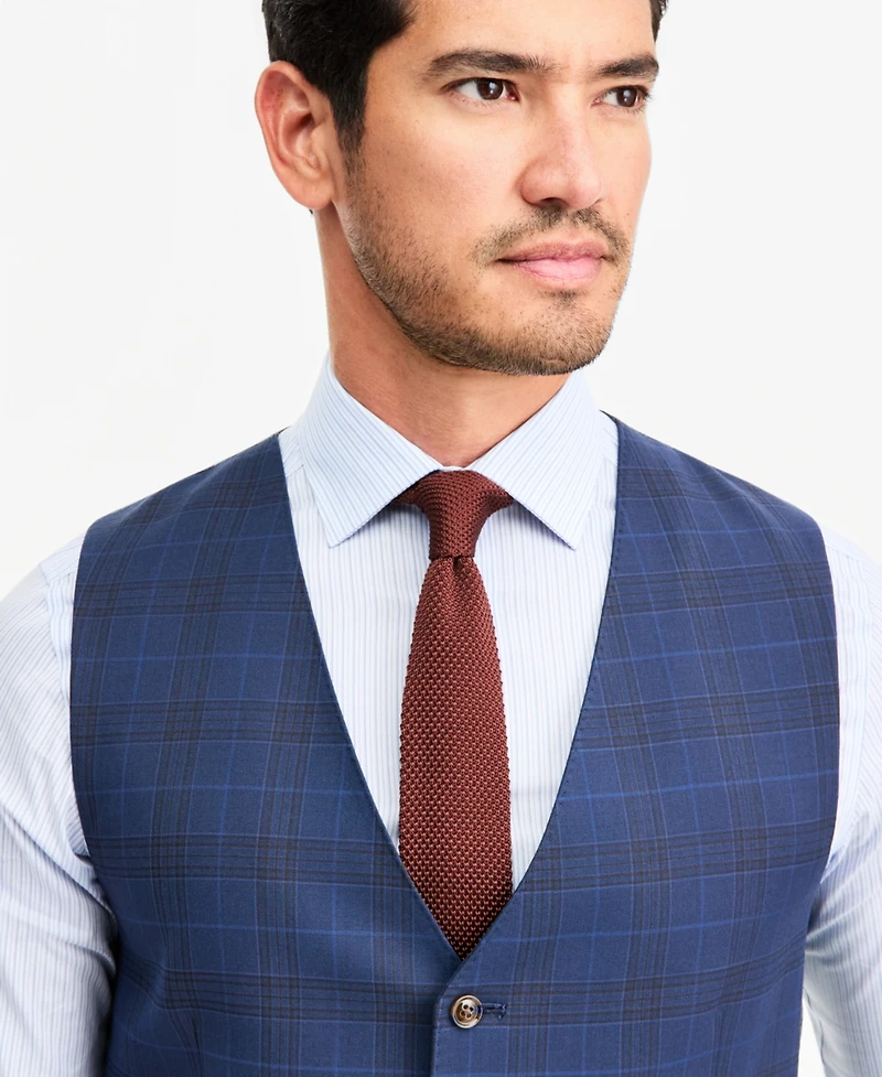 Tayion Collection Men's Classic-Fit Blue & Red Plaid Suit Separate Vest