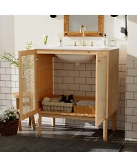 Busdays 30-inch bathroom vanity crafted from natural materials, featuring handmade rattan doors and soft-closing mechanisms