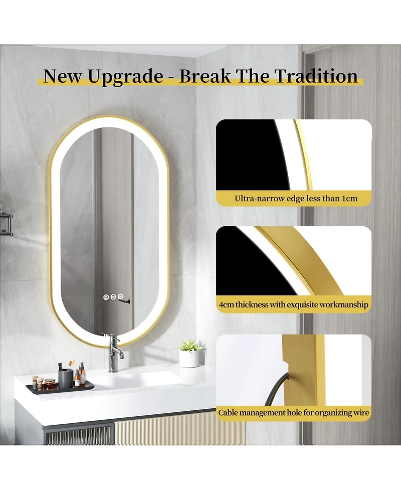 Luvodi 19.68"x39.37" Anti-Fog Lighted Oval Bathroom Mirror Frontlit Touch Dimmable for Wall Vanity