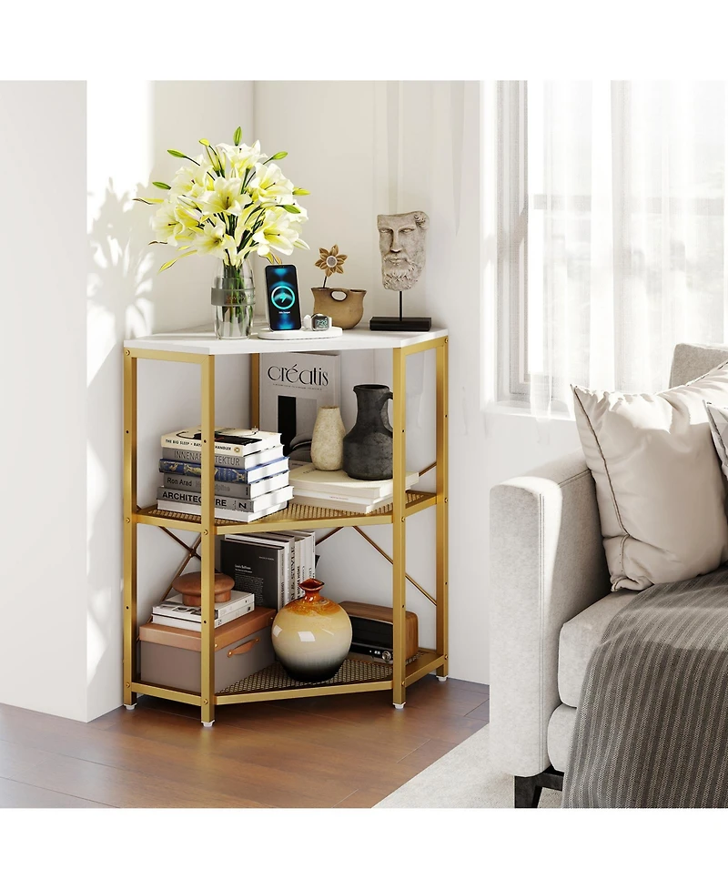 Sugift Corner Printer Stand with Power Outlet 3-Tier Storage Rack with Adjustable Shelf