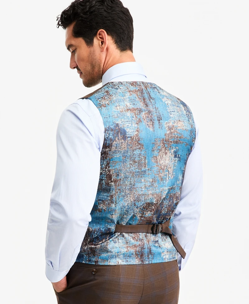 Tayion Collection Men's Classic-Fit Brown Plaid Suit Separate Vest