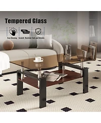 Rainsken 2-Tier Coffee Table, Rectangle Center Table with Tempered Glass Top, Mdf Shelf and Metal Legs for Living Room, Home Office