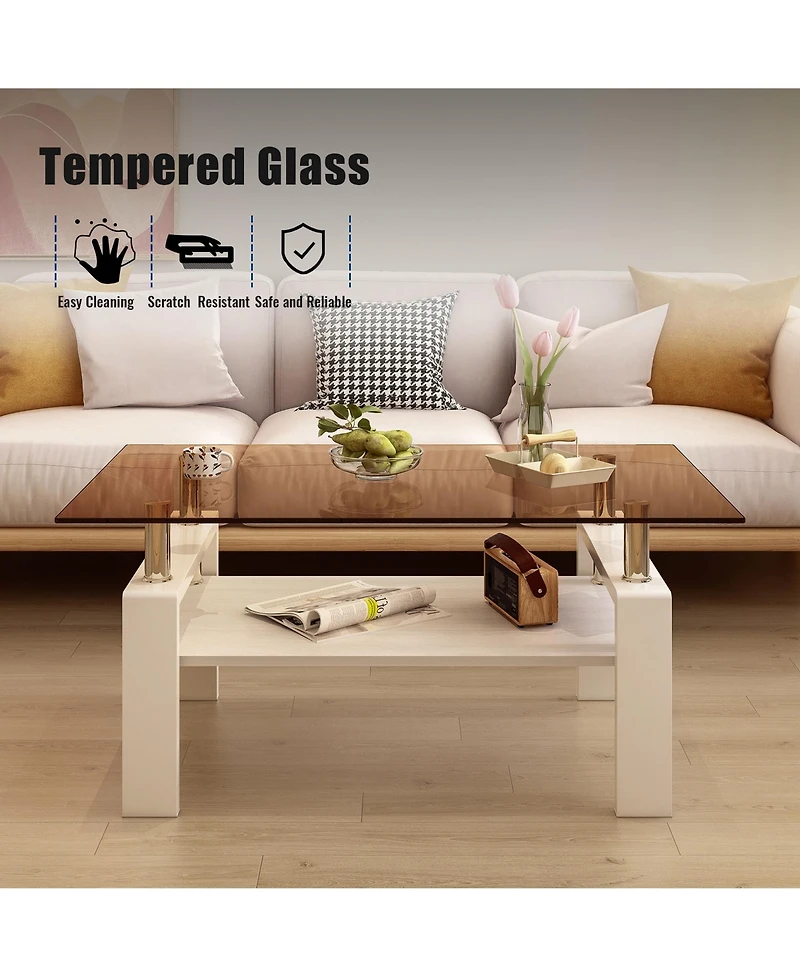 Rainsken Modern 2-Tier Coffee Table, Rectangle Center Table with Tempered Glass Top, Mdf Shelf and Metal Legs for Living Room, Home Office
