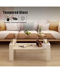 Rainsken Modern 2-Tier Coffee Table, Rectangle Center Table with Tempered Glass Top, Mdf Shelf and Metal Legs for Living Room, Home Office