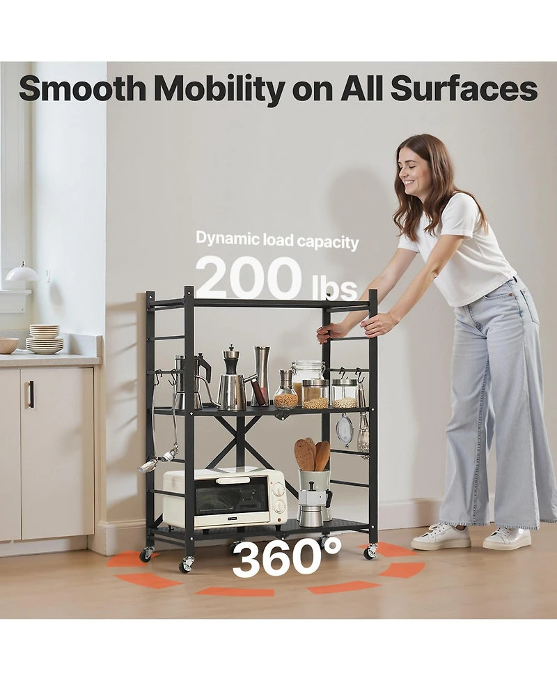 Rainsken 3-Tier Foldable Storage Shelf, Folding Metal Storage Shelving Unit with 5 Wheels and 4 Hooks for Kitchen, Garage, Basement