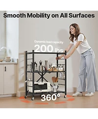 Rainsken 3-Tier Foldable Storage Shelf, Folding Metal Storage Shelving Unit with 5 Wheels and 4 Hooks for Kitchen, Garage, Basement