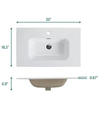 Thirtypeachy 30" Modern Walnut Wall Mount Vanity With Ceramic Sink, Single-Hole Top U-Channel Storage, Dtc Silent Close