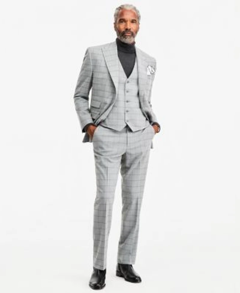 Tayion Collection Mens Classic Fit Gray Black Check Suit Separates