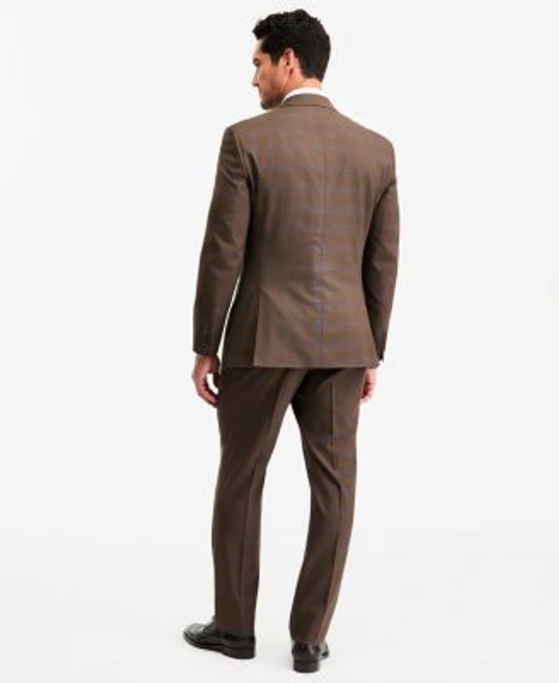 Tayion Collection Mens Classic Fit Brown Plaid Suit Separates