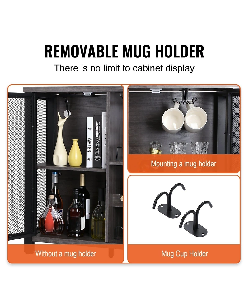 Gouun 47 Inch Industrial Bar Cabinet with Wine Rack and Power Outlets