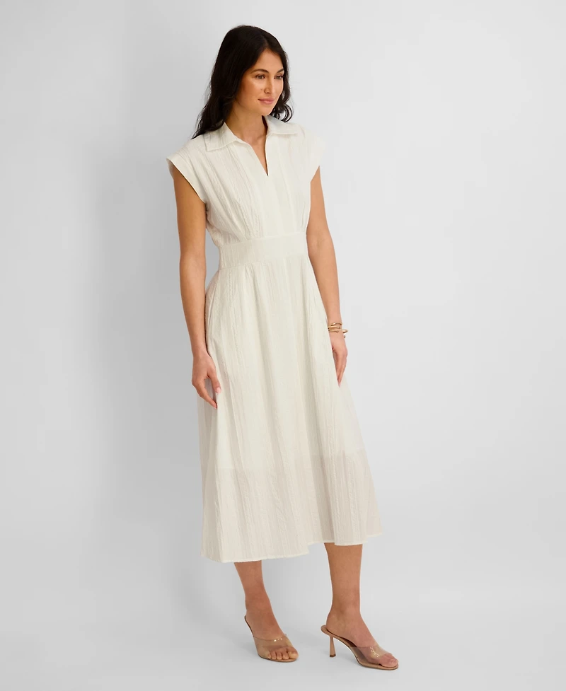 Women's Textured Stripe Midi Shirtdress with Collar