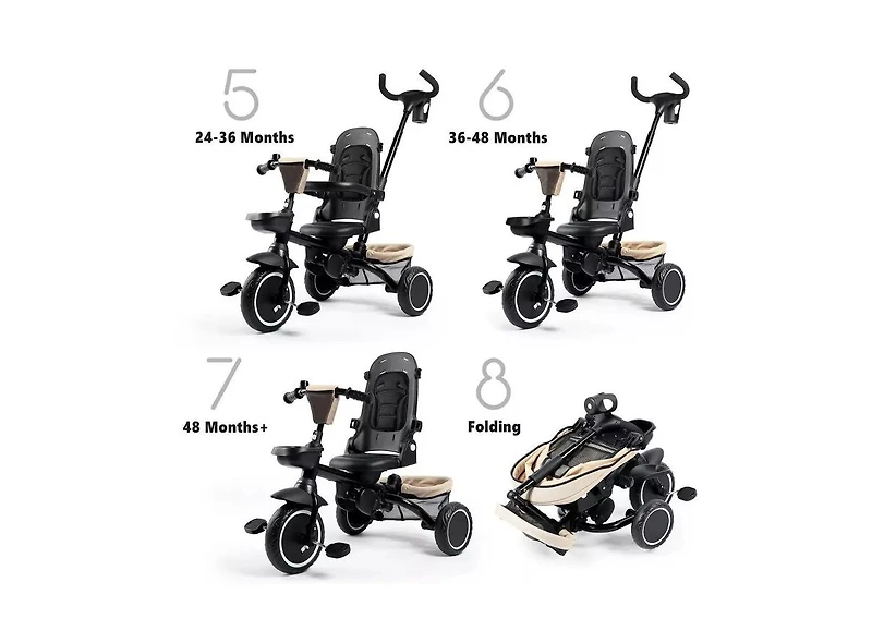 Kinder King 8-in-1 Folding Kids Tricycle Stroller with Adjustable Push Handle, Convertible Toddler
